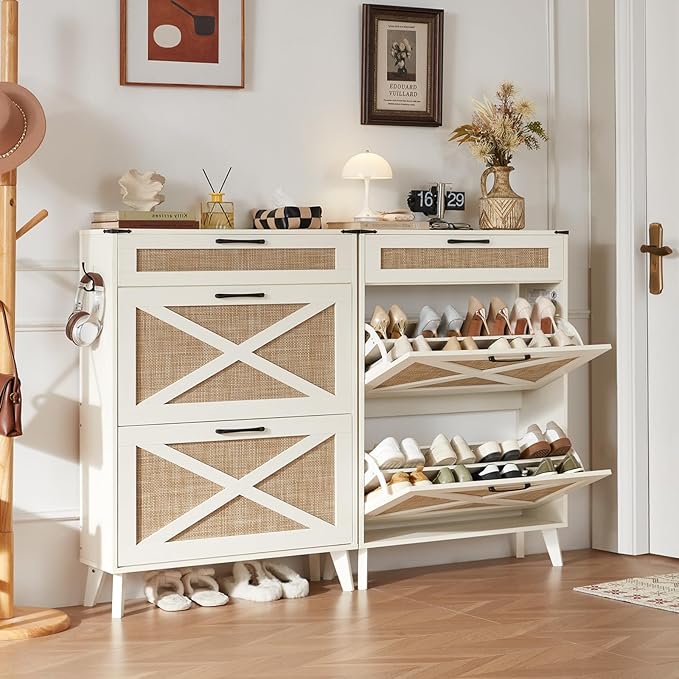 LEYAOYAO Shoe Storage Cabinet for Entryway with 2 Rattan Flip Drawers, Boho Narrow Shoe Cabinets for 16-20 Pairs Shoes with Large Drawers, Hidden Slim Shoe Rack with Wood Legs for Hallway, Off White