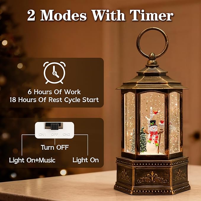 Christmas Snow Globes, 9.37" Snowman Glitter Water Lantern with 8 Songs, 6H Timer Battery & USB Powered Music Box for Christmas Decorations Indoor