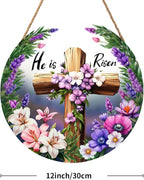 Harooni Easter Cross Sign, 12inch Bright/Vibrant Wooden Wall Mount Rustic Sign with 'He is Risen', Includes Twine, 12x12 inches