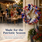 250th Anniversary Patriotic Wreaths for Front Door, 28 Inch Extra Large 4th of July Wreath, Pre-Lit Layered Ribbon Design, Red White and Blue Memorial Day Decorations with Storage Bag