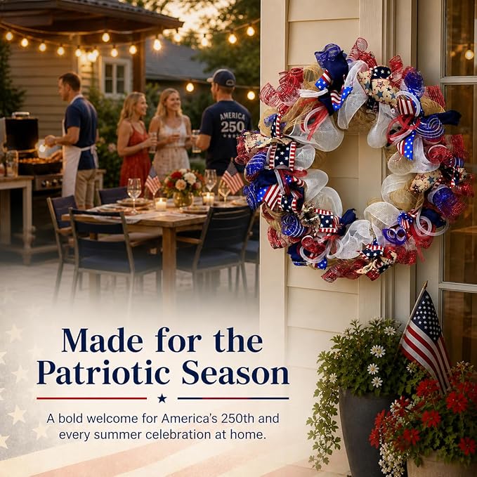 250th Anniversary Patriotic Wreaths for Front Door, 28 Inch Extra Large 4th of July Wreath, Pre-Lit Layered Ribbon Design, Red White and Blue Memorial Day Decorations with Storage Bag