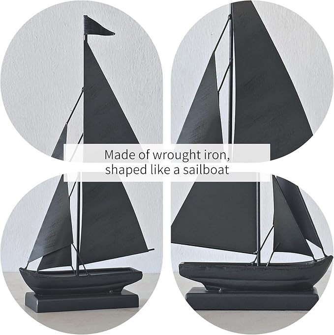 Retro Metal Sailboat Decor, Iron Nautical Sculpture for Home, Vintage Boat Figurine for Living Room Table, Office Desk, Bookshelf, Coastal Style Decoration (Dark Gray)