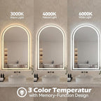 Sweetcrispy 24“x 36” LED Bathroom Backlit Mirror with Lights, Arched Vanity Mirrors with Anti-Fog, Dimmable, 3-Color Light, Memory Function, Tempered Glass