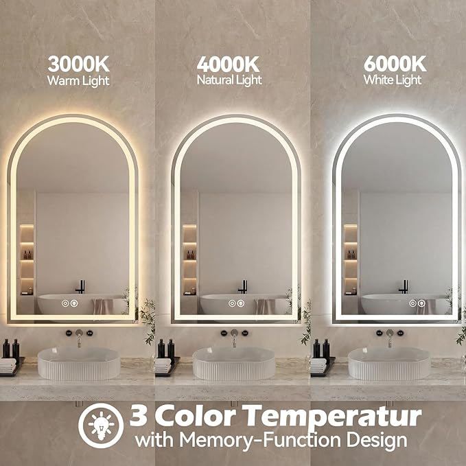 Sweetcrispy 24“x 36” LED Bathroom Backlit Mirror with Lights, Arched Vanity Mirrors with Anti-Fog, Dimmable, 3-Color Light, Memory Function, Tempered Glass