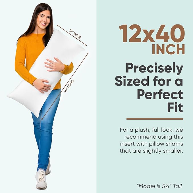 Pillowflex Synthetic Down Pillow Insert - 12x40 Down Alternative Pillow, Ultra Soft, Large Rectangle Body Sleeping Pillow, Lumbar, Long, Back - 1 Decorative Pillow Form
