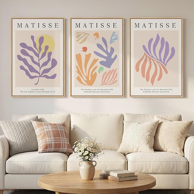 Framed Large Matisse Canvas Wall Art Set of 3, Vintage Colorful Abstract Floral Artwork Prints, Neutral Beige Matisse Botanical Wall Decor for Living Room, Bedroom, Hallway and Office, Total Size 30x60