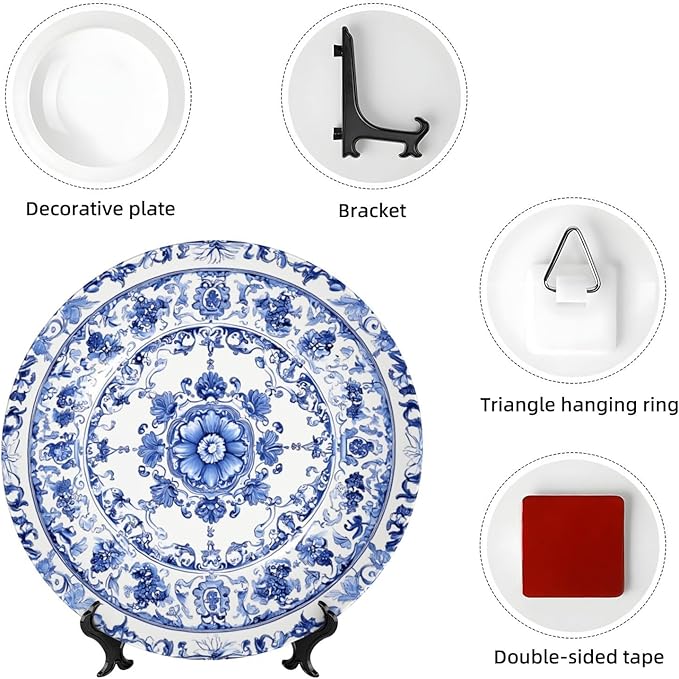 Blue White Flowers Bone China Decorative Plate –ceramic Art Plate With Display Stand For Home, Kitchen, Wall Or Table Decor