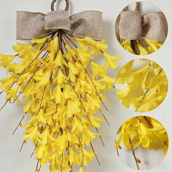Forsythia Teardrop Swag 18 Inch, 2Pcs Artificial Spring Summer Floral Swags, Flower Hanging Swag for Window Wall Wedding Party Home Decor (Yellow)