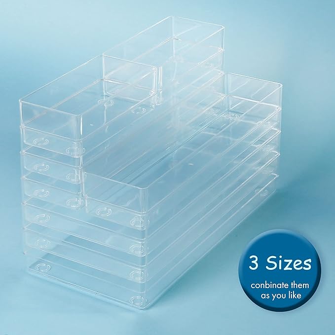 LotFancy Clear Drawer Organizers, 12” x 3” x 2”, Set of 3, Drawer Organizer Trays for Desk, Plastic Storage Bins for Bathroom, Makeup, Utensils, Stackable