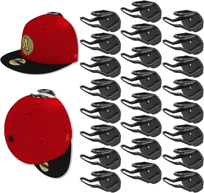 24 Pack Adhesive Hat Hooks for Wall, Strong Hat Rack for Baseball Caps, Minimalist Hat Organizer Display for Home Decor, Hat Hold Hanger for Wall, Door, Closet, No Drilling - USA Patented (Black)