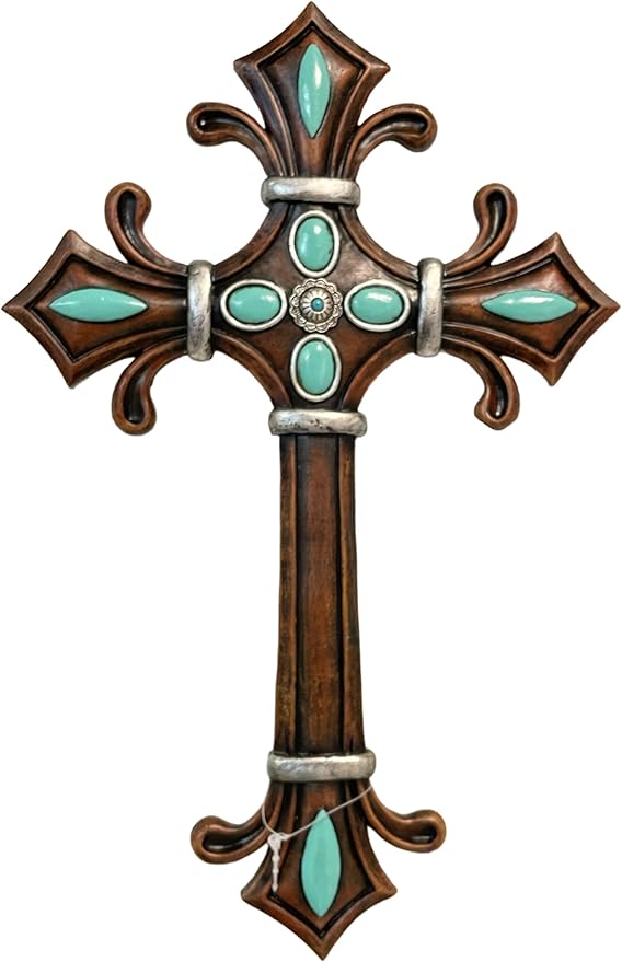 De Leon Collections 14228 Flared Turquoise Brown 12 Inch Polyresin Southwestern Decorative Home Décor Hanging Sculpture Wall Cross