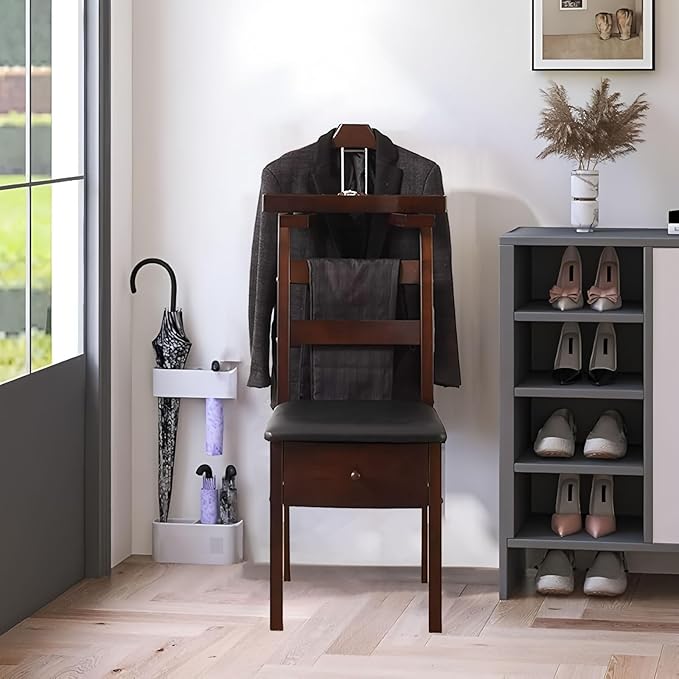 Wooden Valet Chair With Drawer Contour Hanger Mens Suit Valet Stand Clothes Butler Freestanding Clothes Rack For Men Women For Living Room Entryway Office