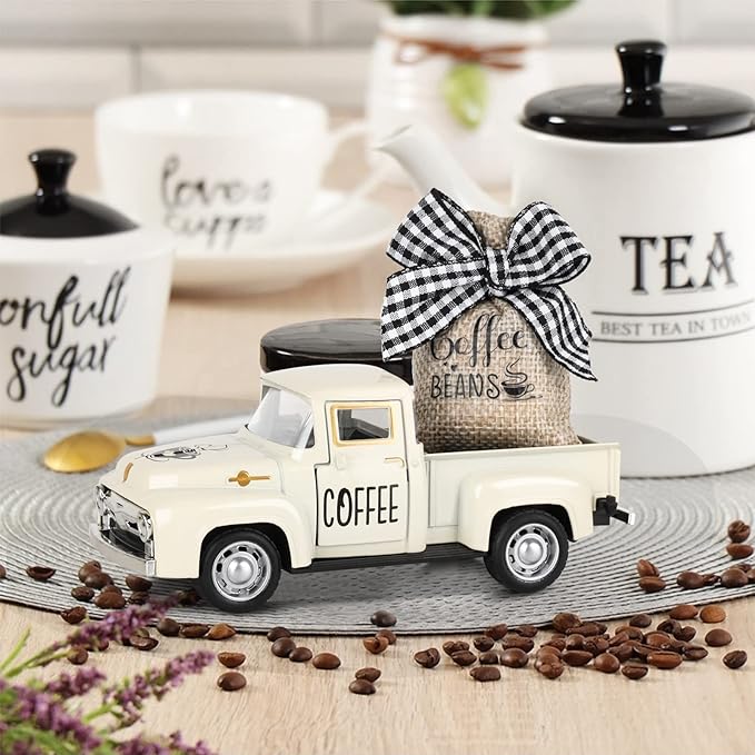 Coffee Decor for Coffee Bar Metal Truck with Coffee Beans Burlap Sack Vintage Pickup Mini Diecast Truck for Farmhouse Coffee Station Home Coffee Bar Tabletop Decorations