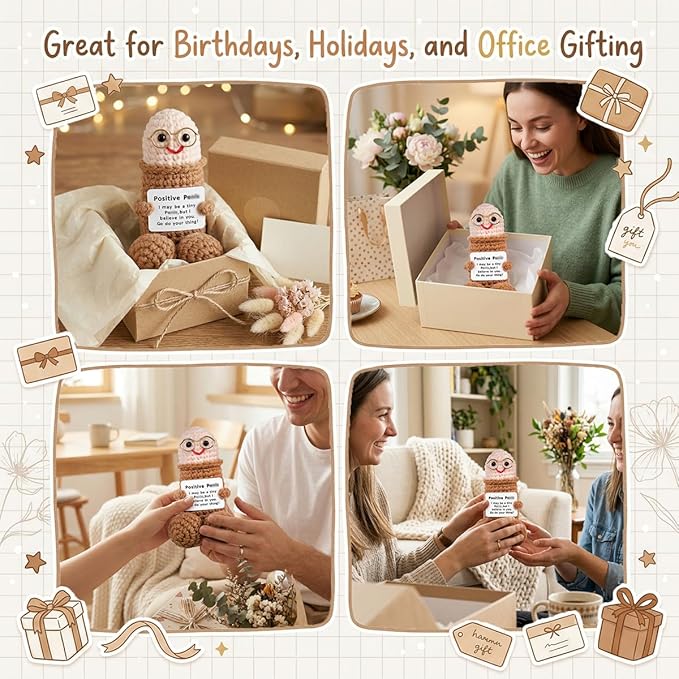 Handmade Positive Crochet Gift with Emotional Support Message Card, Funny Desk Decor Novelty Gift for Women, Boyfriend, Husband, Men, Friends, Coworker(Brown Doll-1pcs)