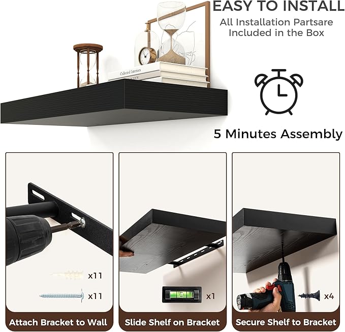 Venusmiles Floating Shelves for Wall, 48" W x 12" D x 2" H, 2 Pack of Long Wall Mounted Engineered Wood Shelves with Invisible Brackets for Living Room, Bedroom, Bathroom, Kitchen Decor, Black