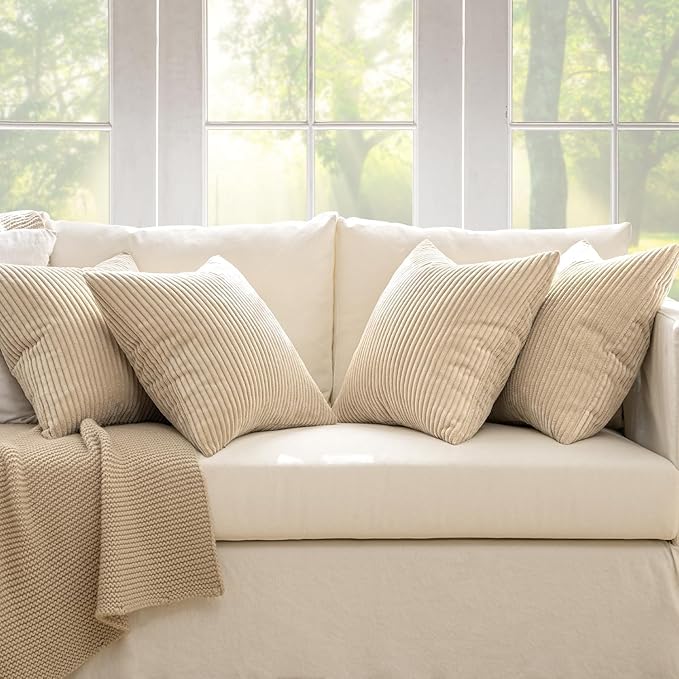 MIULEE Boho Farmhouse Throw Pillow Covers 20x20 Inch Set of 4 Mordern Nordic Cushion Covers Soft Corduroy Spring Home Decor for Couch Bed Sofa Living Room Beige