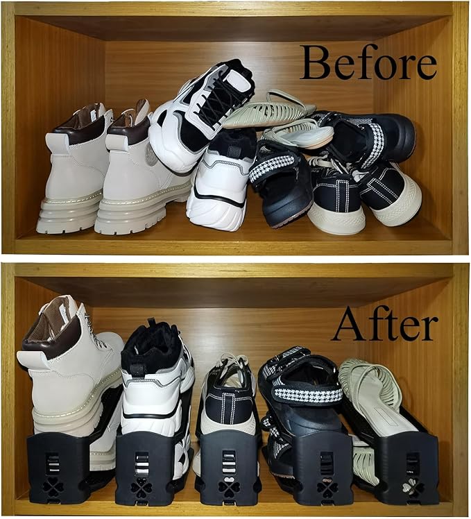 Shoe Slots Organizer, Shoe Stackers Space Saver, Adjustable Double Layer Stack Shoe, Take Up Less Space & Organize More Shoes, Holder for Closet Organization (Black, 10 Pack)