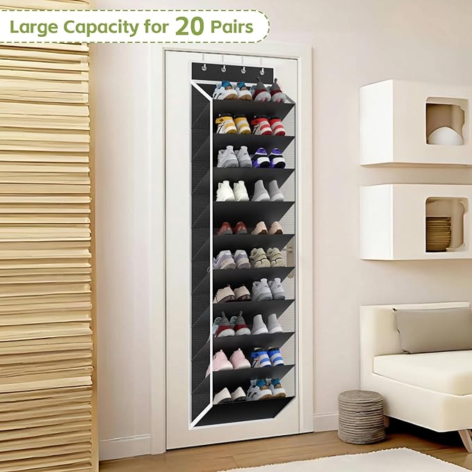 KEEPJOY 10 Tiers Mesh Over Door Shoe Organizer Storage, Hanging Shoe Holder for Door with Large Deep Pockets, Fit 20-30 Pairs Shoe Rack for Sneakers, Boots.(Black)