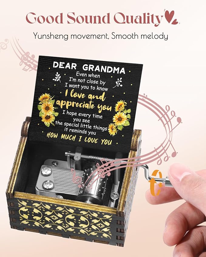 Swooflia Mother's Day Wooden Music Box for Grandma with Sunflower Greeting Card- Hand Crank Engraved Musical Box Vintage Mechanism Personalized Gifts for Mom On Birthday
