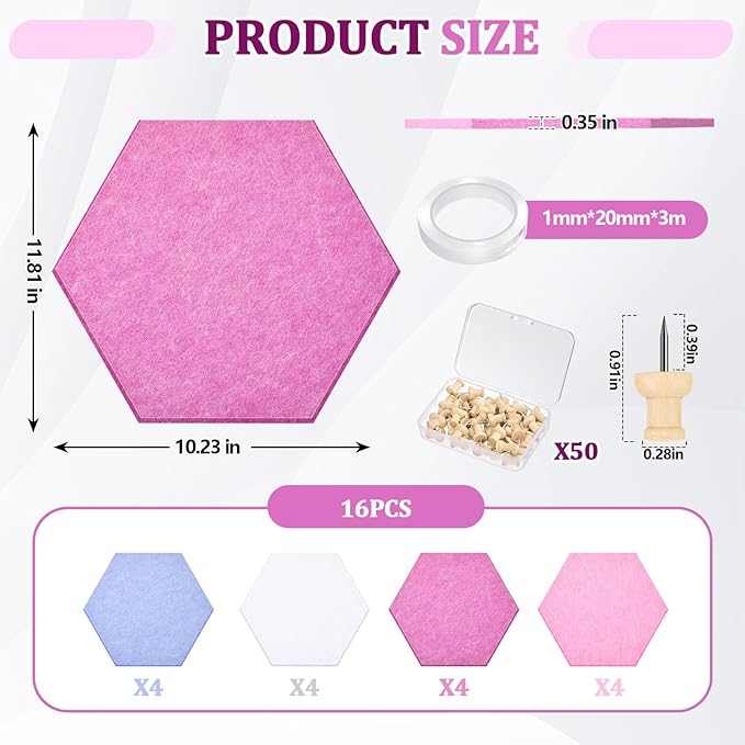 Mindsoft 16 Pcs Hexagon Cork Board for Walls with 50 Wooden Push Pins 12x10 in Felt DIY Tiles Notice with Nano Tape Hanging Bulletin Board for Home Photo Office Memo Note(Pink)