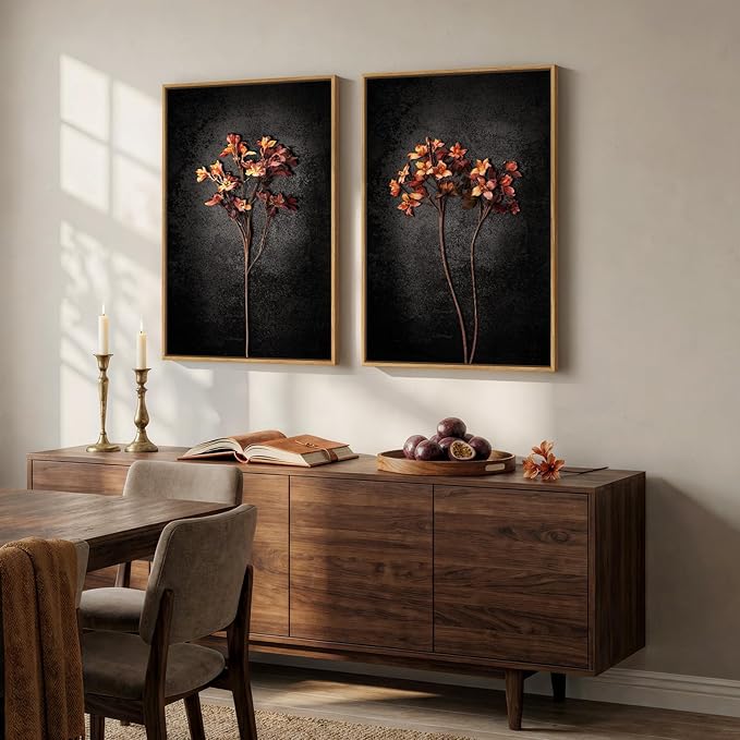 Framed Vintage Botanical Wall Art for Living Room, Set of 2 Piece Black Neutral Moody Floral Canvas Prints, Minimalist Modern Farmhouse Flower Wall Decor for Bedroom Office Dining Room, 16x24 Inch