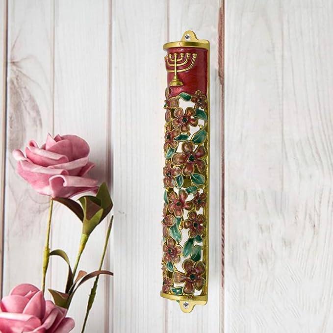 Mezuzah with Scroll for Door, Enamel&Zinc Alloy Blessing Mezuzah Case for Door, Colored Painted Mezuzha Scroll Kosher for Jewish Gifts/Jewish Decor, Christmas (Red and Gold, 1.1x6.49 in)
