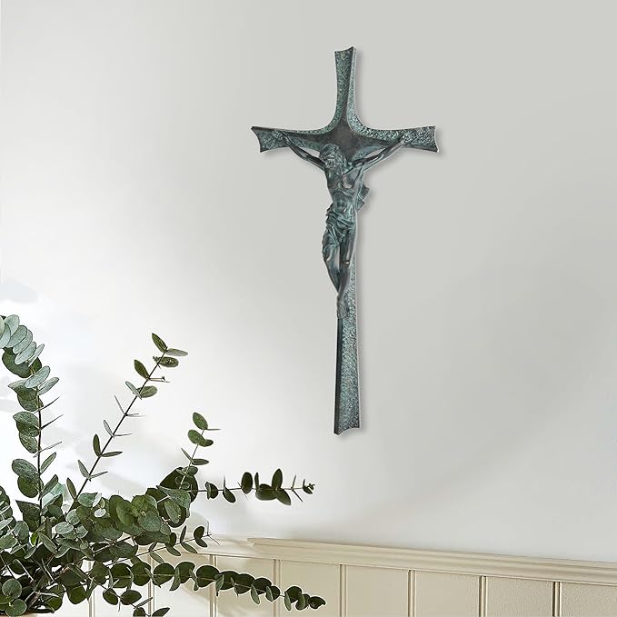 ShineOnAngel Crucifix Wall Cross, 12 Inch Bronze Patina Wall Crucifix Modern Home Decor, Hand Painted Resin Antique Style Jesus Cross for Wall Religious Housewarming Gifts
