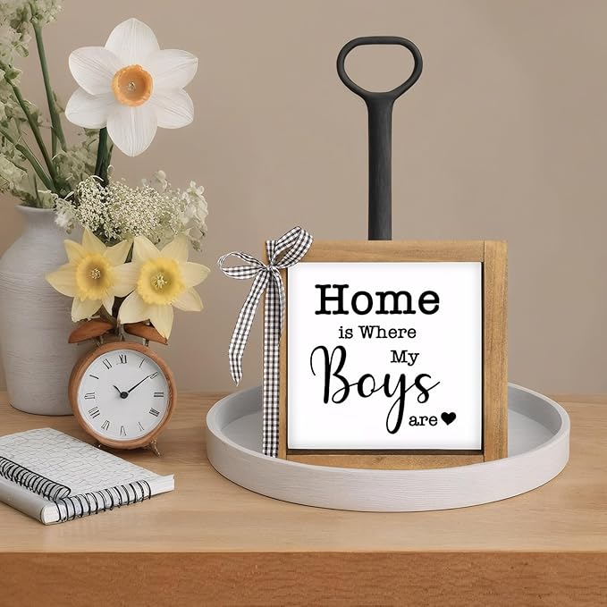Home is Where My Boys are Sign, 6×6 Inch Wood Framed Mothers Day Gifts for Mom, Rustic Family Quote Decor Home Table Desk Shelf Living Room