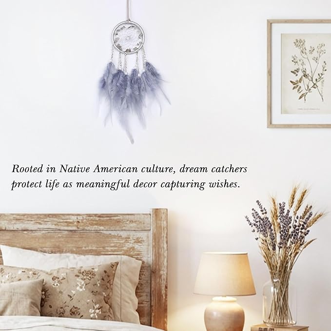 Pretty Jolly Crystal Stone Small Dream Catchers Grey Blue Feathers Mini Dreamcatchers with Beads for Cars Rear View Mirror Hanging Decoration Good Luck Travel Charm Bedroom Ornaments for Women Girls