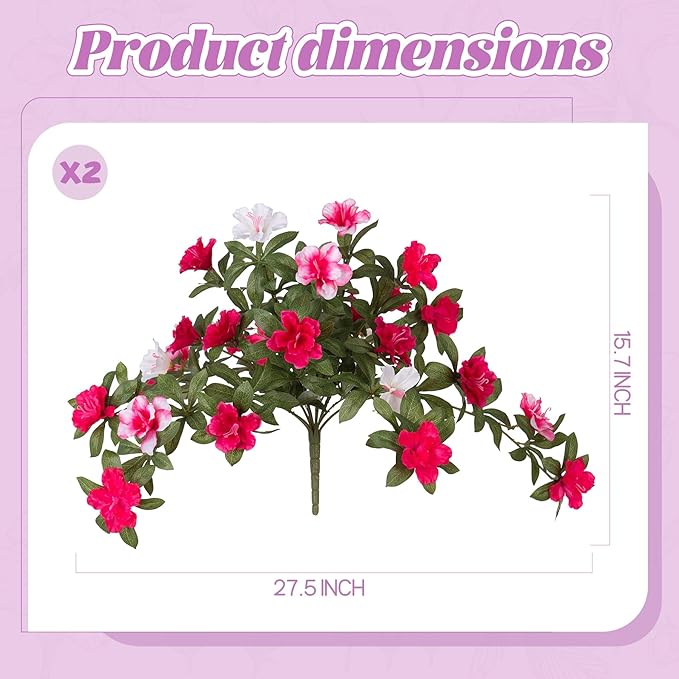 Artificial Fake Azalea Flowers for Outdoor Spring Decoration, Faux Silk Flower for Summer UV Resistant Look Real Plants for Garden Yard Porch Walkway Indoor Decor, 2PCS