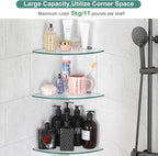 3 Pack Glass Corner Shower Shelves, Tempered Floating Glass Shelves Wall Mount, Shower Caddy Organizer, Bathroom Corner Shelf with Zinc Alloy Brackets for Bathroom, Kitchen, Living Room