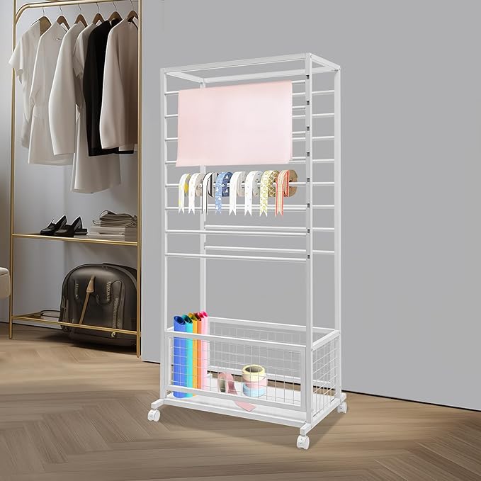 16-Layer Scarf Display Stand, Rolling Scarf Organizer Holder Hanging Rack with Wheels & Storage Basket for Retail Store Boutique Display Bedroom, W26.5*D16.9*H59in (White)