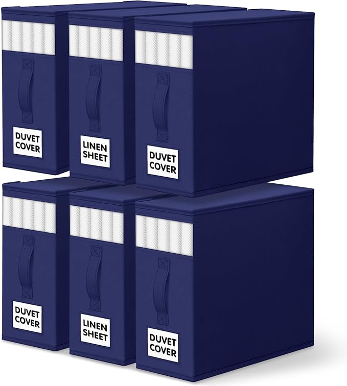 WOWBOX Sheet Organizers and Storage,Closet Bed Sheet Organizer Under Bed Storage and Organization with Label Cards & Clear Window for Bedding Sheets,Duvet Covers,Blankets (6 Pack，Blue)