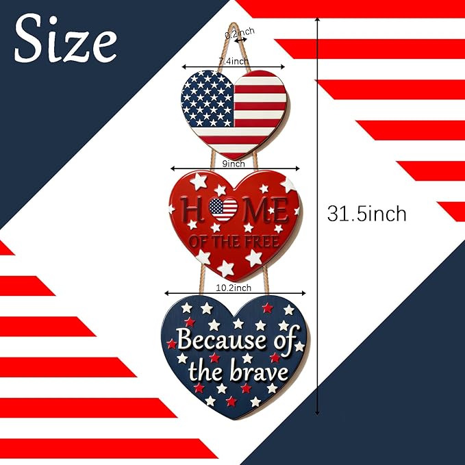 4th of July Decorations Patriotic Door Sign, American Flag Heart Hanging Wreath, Patriotic Decor Wooden Front Door Hanger for Independence Day Memorial Day Porch Wall Outdoor Indoor Home Decor
