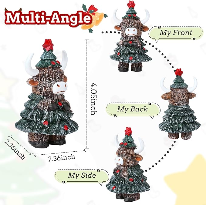 DUQGUHO Cow Christmas Ornaments Xmas Resin Ornament Statue Desk Accessories Christmas Figurines 4 Inch Mini Highland Cow Gifts for Women