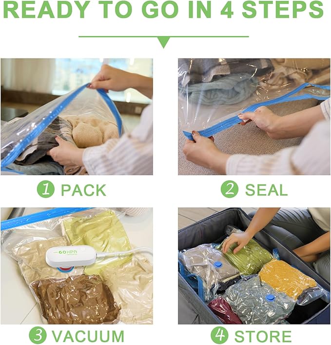 9 Pack Vacuum Seal Bags for Clothing Travel with -60000Pa USB Pump, Save 80% of Space for Clothes (9 Combo)