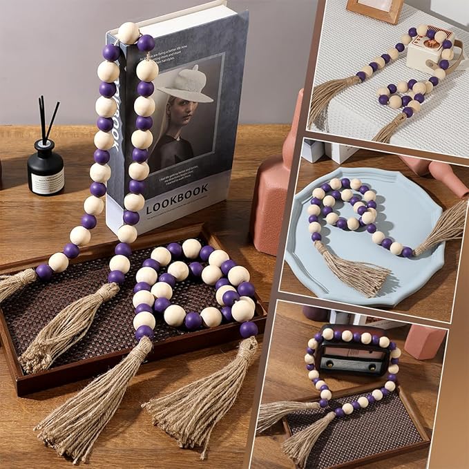 Handcrafted Farmhouse Wooden Decorative Beads Garland - Boho Natural Wood Beads with Tassel for Table Tray Mantel Shelves Decor, Rustic Vintage Garland Beaded Decor for Home & Event (32 Inches)