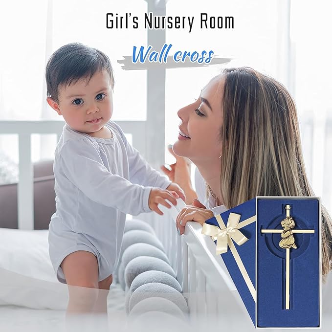 Tryuunion Baby Wall Cross Baptism and Christening Gifts for Girl, 7-inch Olive Golden Blessing Catholic Girl Baptism Crosses for First Holy Communion, and Dedication Baptismal Gifts from Godparents