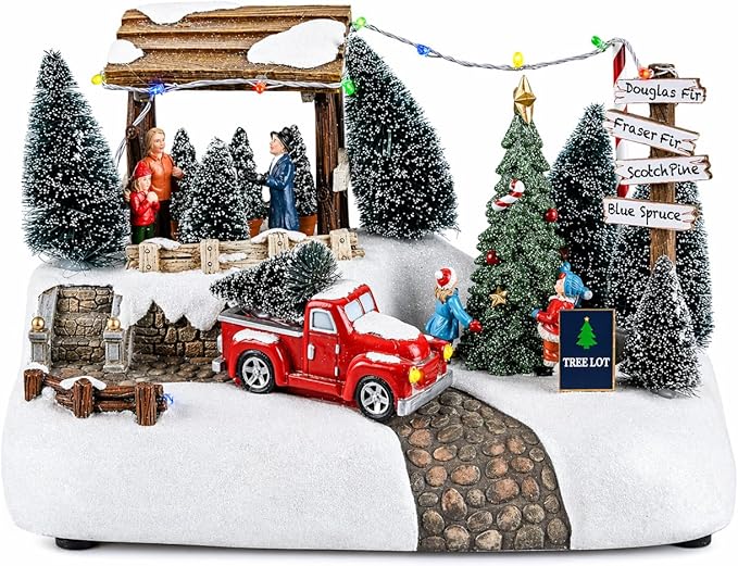 MOMENTS IN TIME Christmas Village Tree Animation Building Home Decor with LED Lights and Christmas Music Battery Operated (not Included)