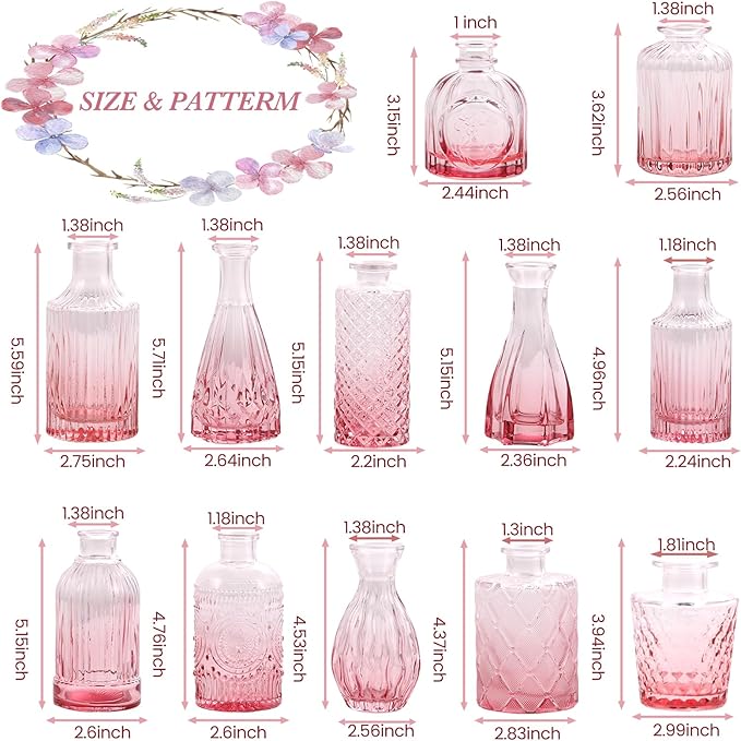 Valentine's Day Glass Pink Bud Vases Set of 12, Mini Flower Valentine Vase for Centerpieces, Small Vases in Bulk for Wedding Decorations, Vintage Vase for Table, Home Décor