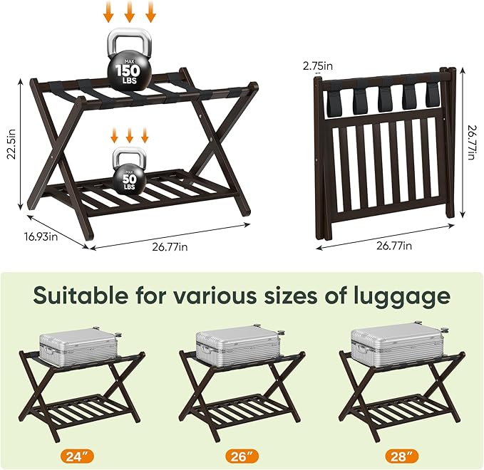 Pack of 2 Fully Assembled Bamboo Luggage Racks, Folding Suitcase Stand with Shoe Shelf, 5 Nylon Straps, Heavy Duty, Luggage Stands Ideal for Guest Room, Bedroom, Hotel, Espresso