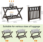 Pack of 2 Fully Assembled Bamboo Luggage Racks, Folding Suitcase Stand with Shoe Shelf, 5 Nylon Straps, Heavy Duty, Luggage Stands Ideal for Guest Room, Bedroom, Hotel, Espresso