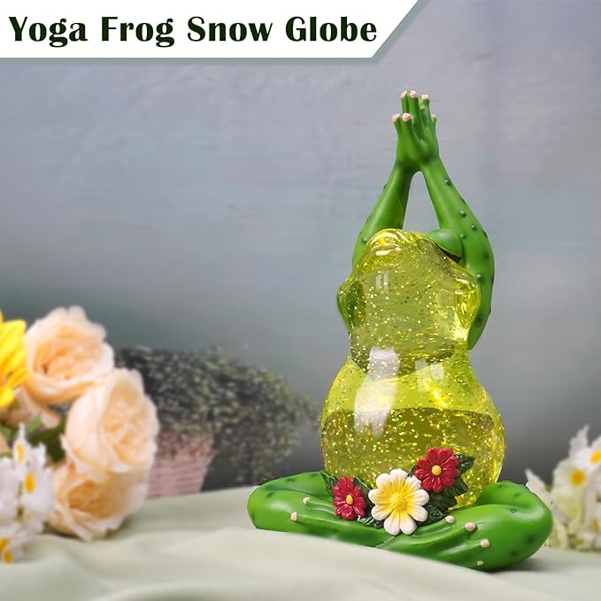 Spring Frog Snow Globe Decor with 6H Timer, Swirling Glitter Frog Snowglobe Spring Figurine Decorations, USB/Battery Operated, Frog Yoga Pose Statue for Spring Holiday Home Decor and Gift