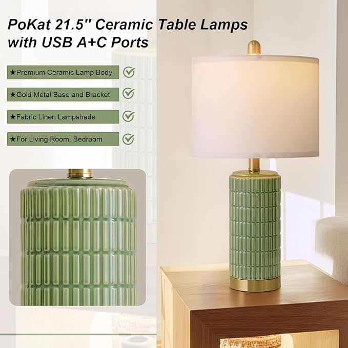 PoKat Bedside Table Lamps Set of 2 for Living Room with 2 USB Ports, 21.5'' Small Modern Nightstand Lamps for Bedroom, Ceramic Side Table Lamps with Gold Base for Office Entryway Decor Gift (Green)
