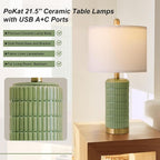 PoKat Bedside Table Lamps Set of 2 for Living Room with 2 USB Ports, 21.5'' Small Modern Nightstand Lamps for Bedroom, Ceramic Side Table Lamps with Gold Base for Office Entryway Decor Gift (Green)