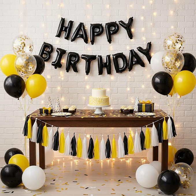 Black Yellow and White Paper Tissue Tassel Garland Banner for Party Decorations,15 Pcs