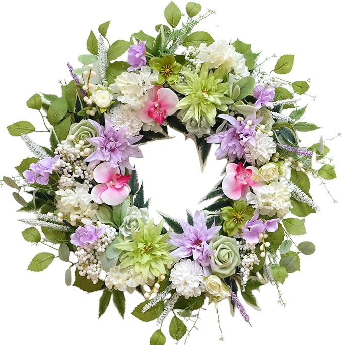 24 Inch Spring Wreath for Front Door, Artificial Spring Summer Floral Wreath with Dahlia Hydrangea Orchid for Home Wall Wedding Festival Indoor Outdoor Decor