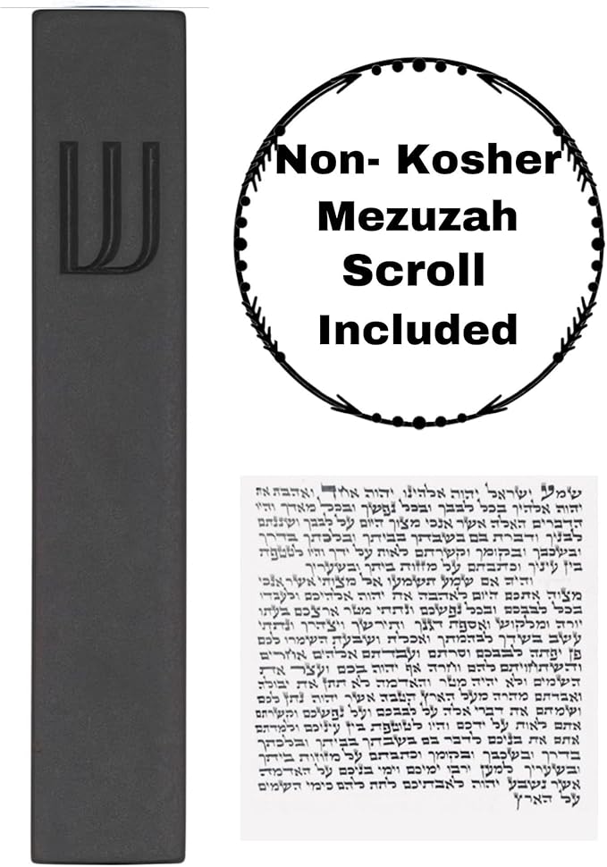 A&S Mezuzot Modern Concrete Mezuzah Case with Scroll, Easy Peel and Stick Mezuza (Black+ Engraved Shin, 7 Inches)