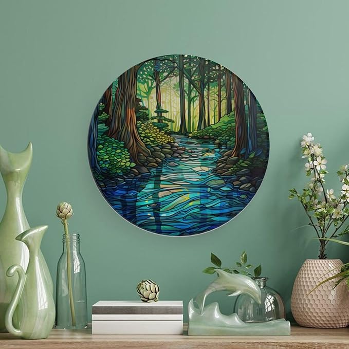 Stained Glass Theme Decorative Ceramic Plate Round Porcelain Plate,10 inch,Sunrise Forest Stream Pattern,for Decorative Ornaments Giving Plates, 1 Plate with 1 Display Stand,Green Blue Gold