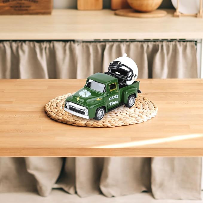 Football Metal Truck with White Football Helmet Farmhouse Vintage Green Truck Decor for Room Farm Metal Car Home Decors Mini Vintage Car Collectible Gift for Home Desk Bookshelf